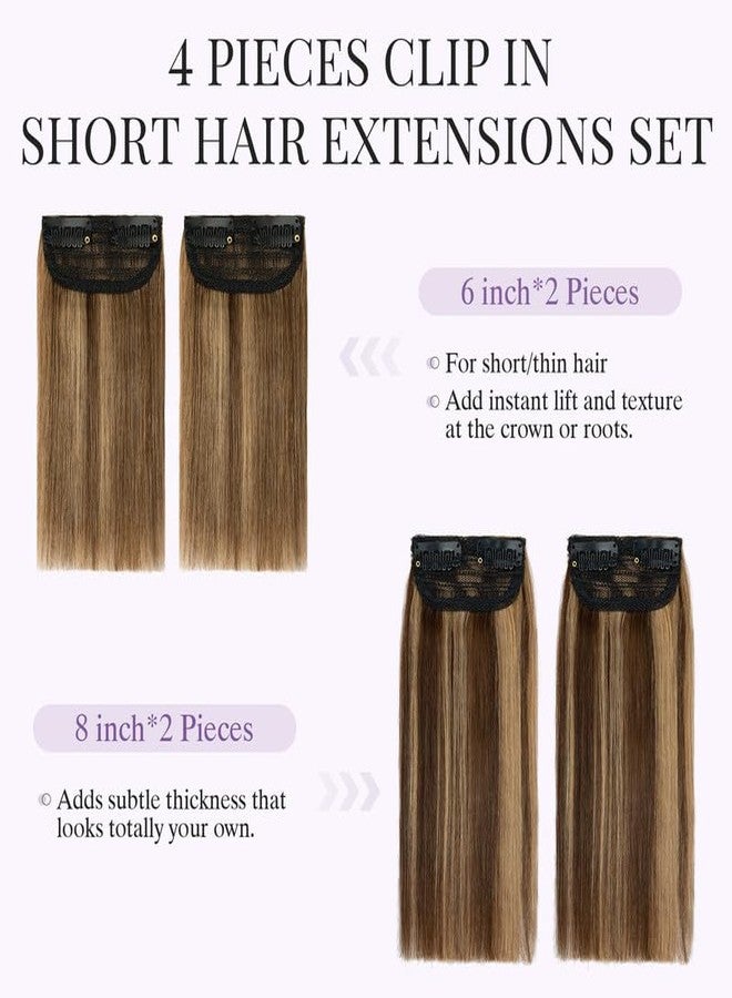 S-noilite 4 pieces Clip In Short Hair Extensions 100% Remy Human Hair Invisible Mini Short Clip in Hairpiece for Women with Thinning Hair Medium Brown Mixed Dark Blonde 6 inch&8 inch - Image 2